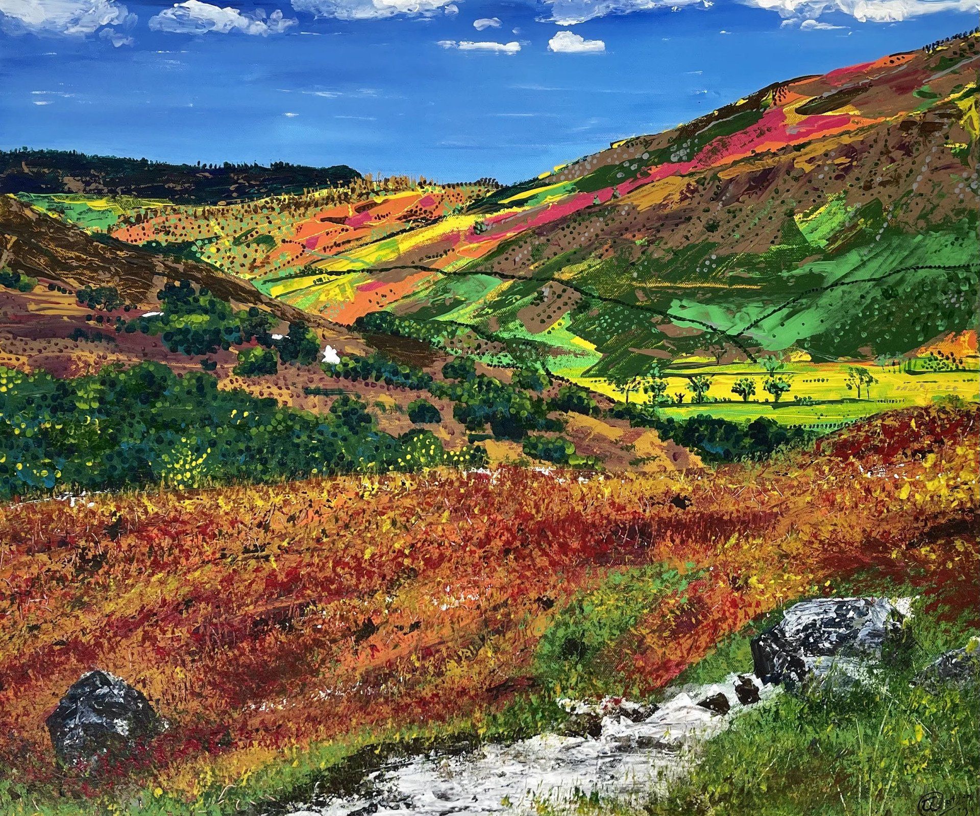 “Ambleside – towards Little Langdale” is an expression of autumnal beauty and diversity of colour within 
The Lake District. Whilst standing at this viewpoint, one may feel a surge of energy which awakens our senses. Skin prickled by the crisp autumn air, the clean damp smell from the trees and ground, the sound of dripping water and bursting streams, the vivid colours surrounding us, exploding in eye and mind. One feels nurtured and cradled in the arms of Mother Nature, a sense of feeling in tune with nature and that which makes us human and connected to Earth.