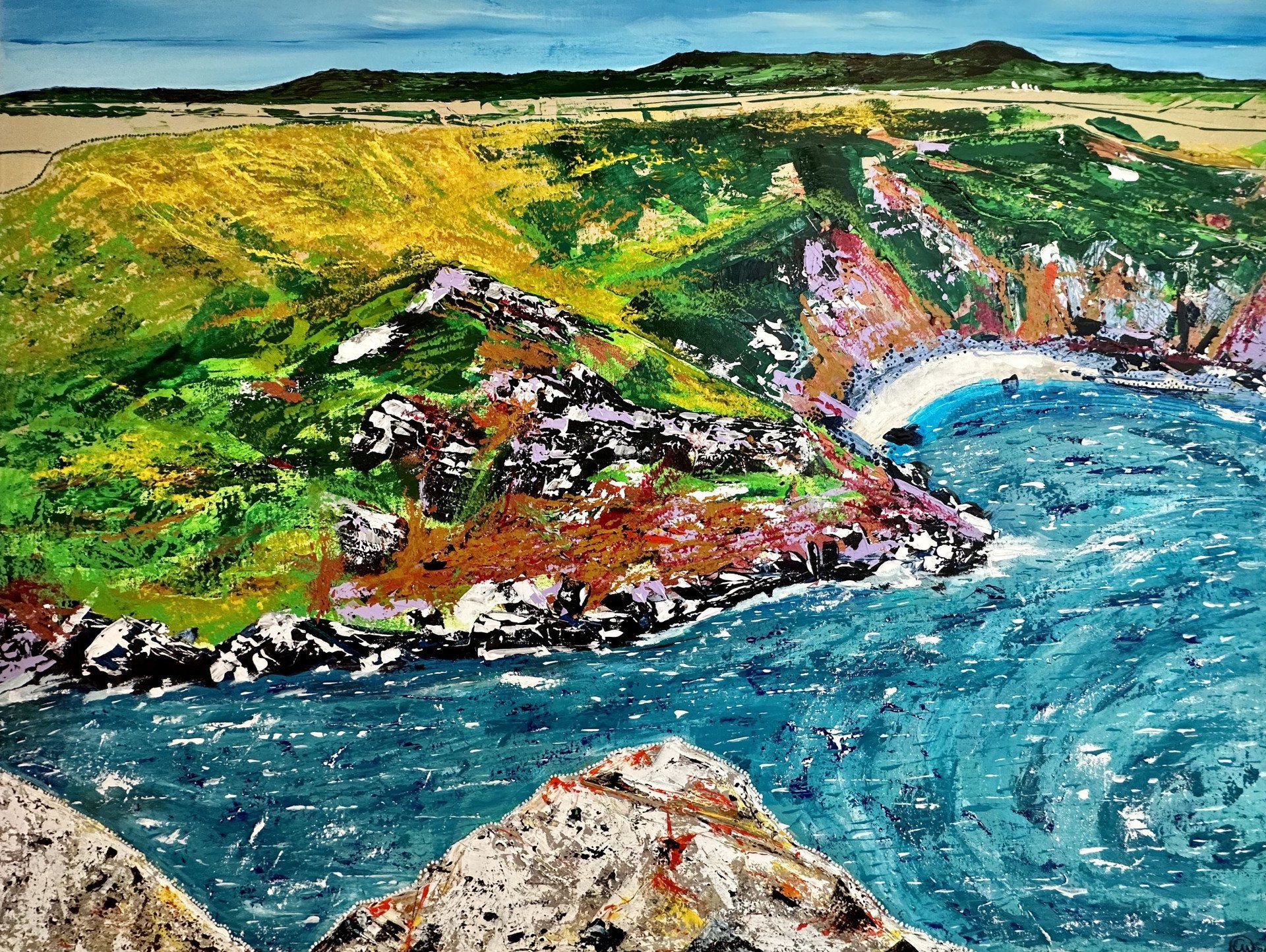 Large contemporary painting of Zennor Head in Cornwall, including inspiration of Aboriginal dot art, encapsulating the spiritual aspect of nature within art. Memories of Cornish folklore and the rugged coastline.