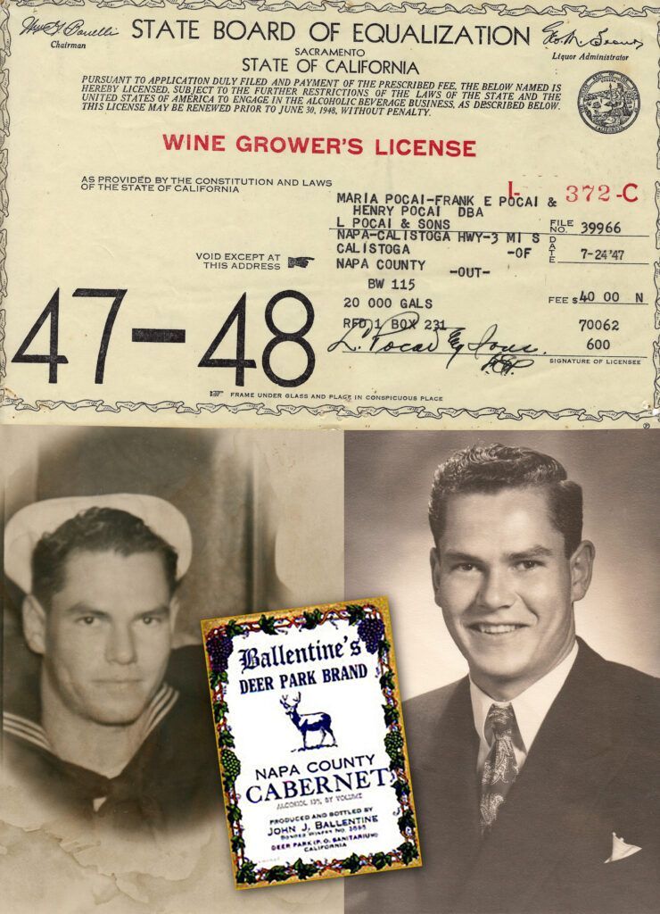 Wine grower's license with photos of a man in uniform and a suit, plus a wine label.