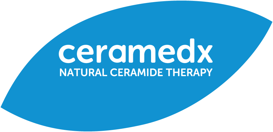 Ceramedx logo in a blue leaf shape. White text: ceramedx, NATURAL CERAMIDE THERAPY.