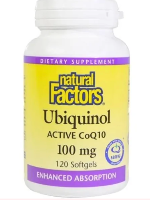 Bottle of Natural Factors Ubiquinol (active CoQ10) dietary supplement, 100mg, 120 softgels. White bottle with yellow and purple label.