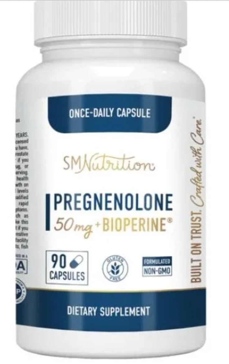 Bottle of SMNutrition Pregnenolone dietary supplement with 90 capsules.