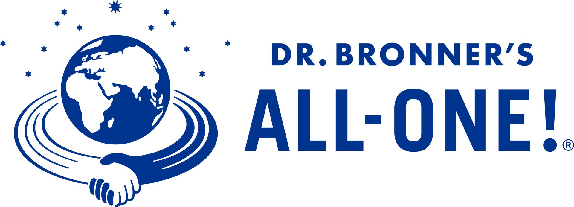 Dr. Bronner's logo: A blue globe encircled by rings and held by hands, with