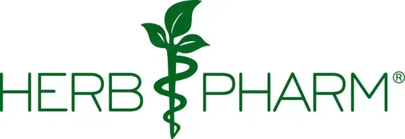 Herb Pharm logo: green text with a staff of Asclepius intertwined with leaves.