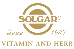 Solgar logo in gold. Contains the brand name,