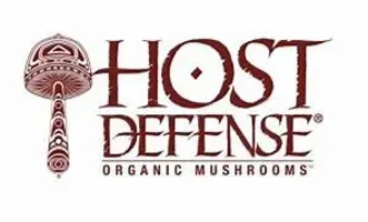 Logo for Host Defense Organic Mushrooms: brown mushroom illustration with text.