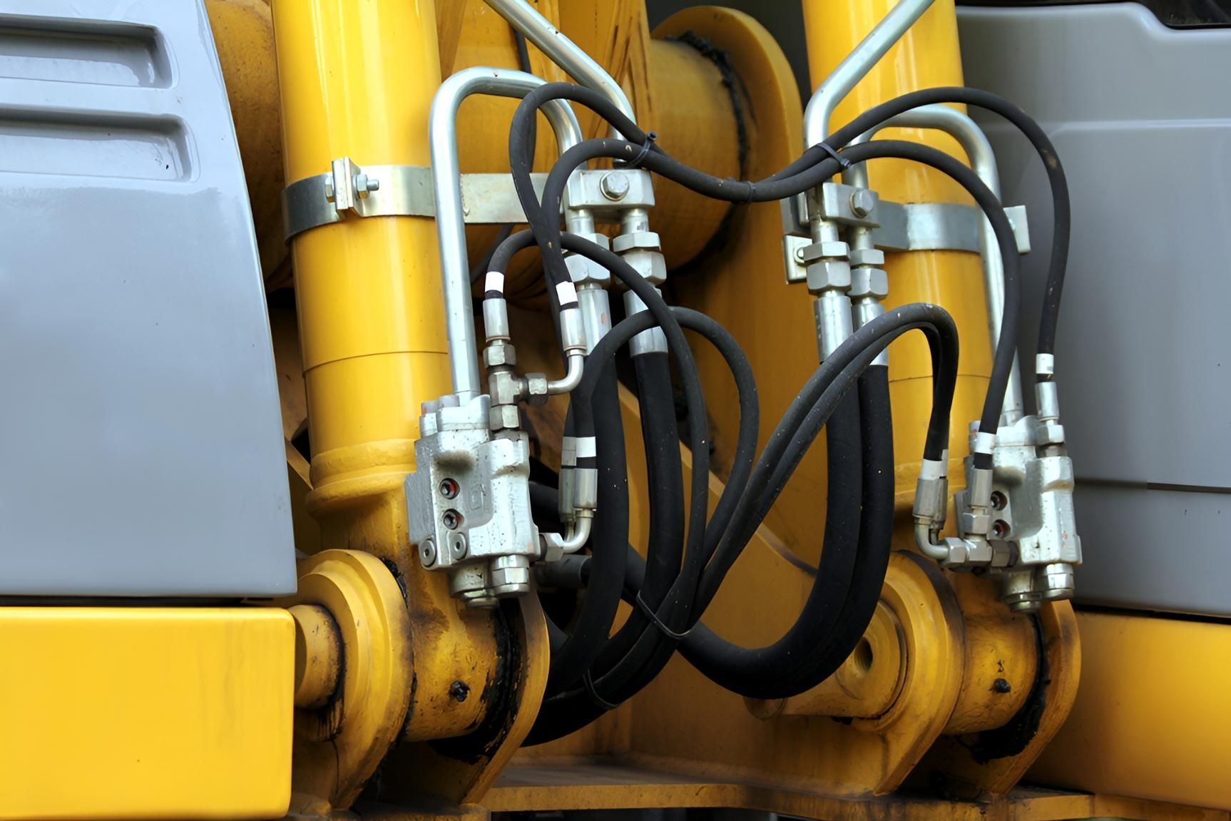 A Close Up Of Hydraulic Hoses On A Yellow Machine — Action Hose & Fitting Solutions In Loganholme, QLD