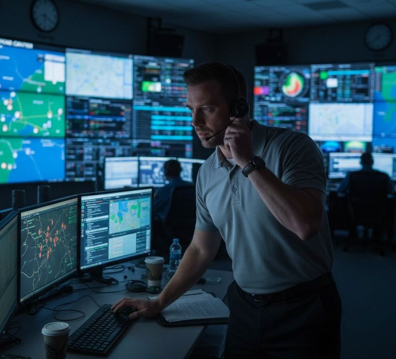 Man on phone in a control room, looking at computer screens. Many monitors on walls, dimly lit.
