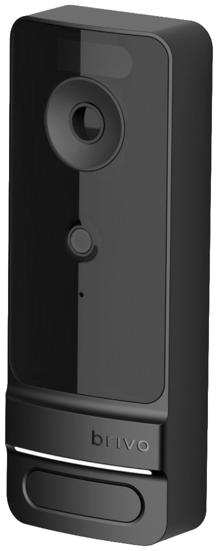 Black security camera with a lens, button, and the word 