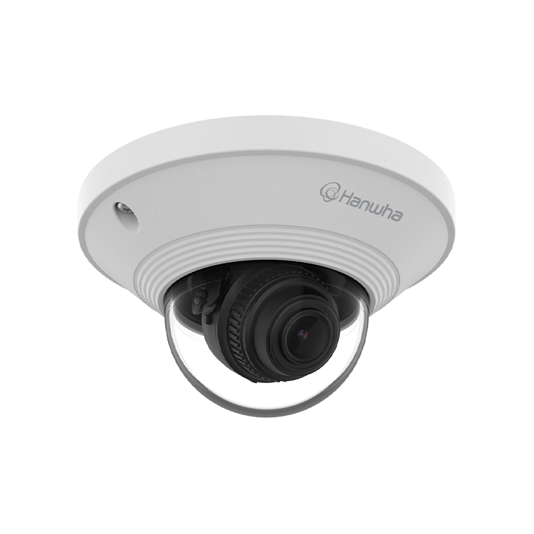 White dome security camera with a dark lens, mounted on a ceiling.  