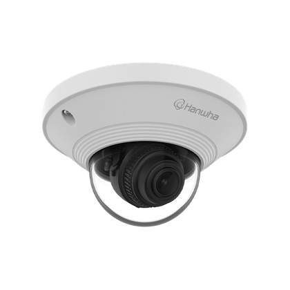White dome security camera with a dark lens, mounted on a ceiling.  