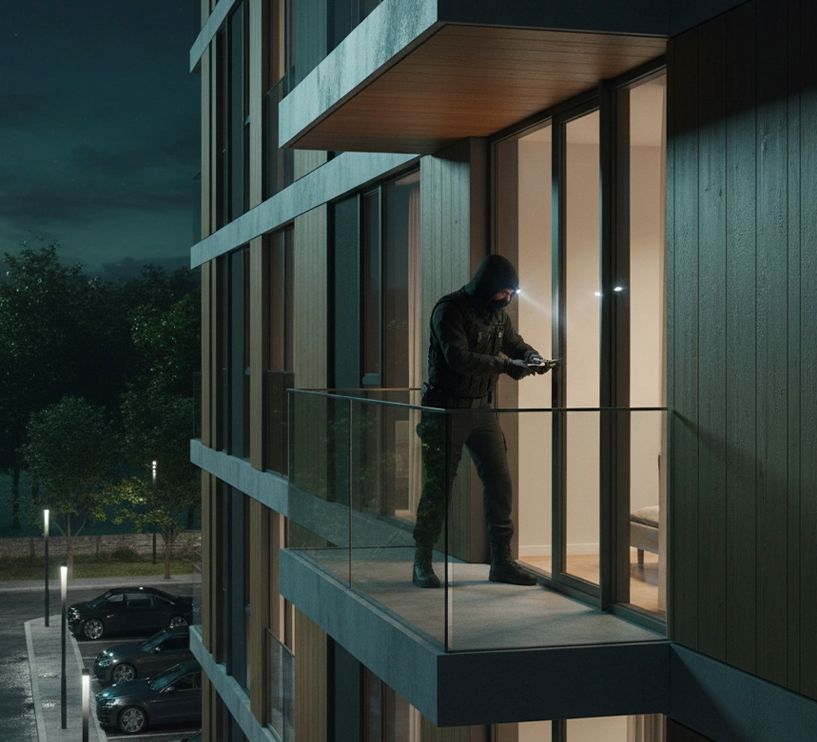 Burglar on balcony trying to enter an apartment at night; building exterior with cars below.