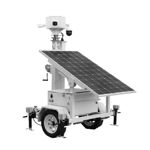 Mobile security unit with solar panel, camera, and trailer, in a white and black setting.