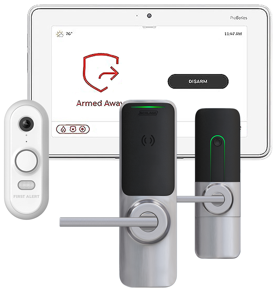 Resideo smart home security system: tablet, doorbell camera, and two smart door locks. 