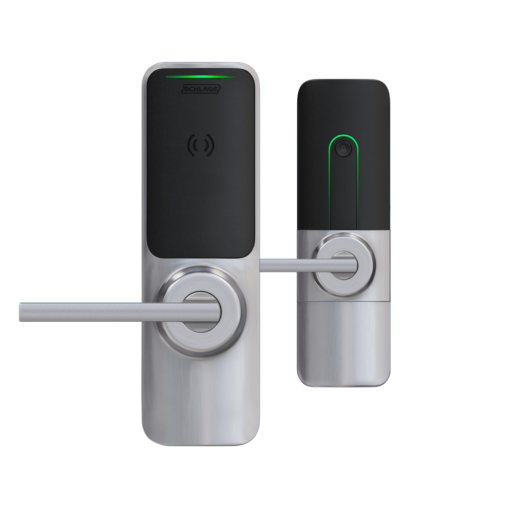 Silver smart door lock with black panel and handle. Features NFC symbol and green indicator lights.