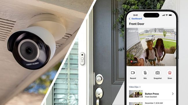 Security camera mounted on a porch, and a smartphone displaying a live video feed of a front door.