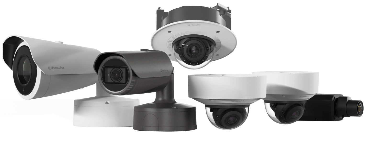 Hanwha surveillance cameras of various designs, arrayed against a white background.