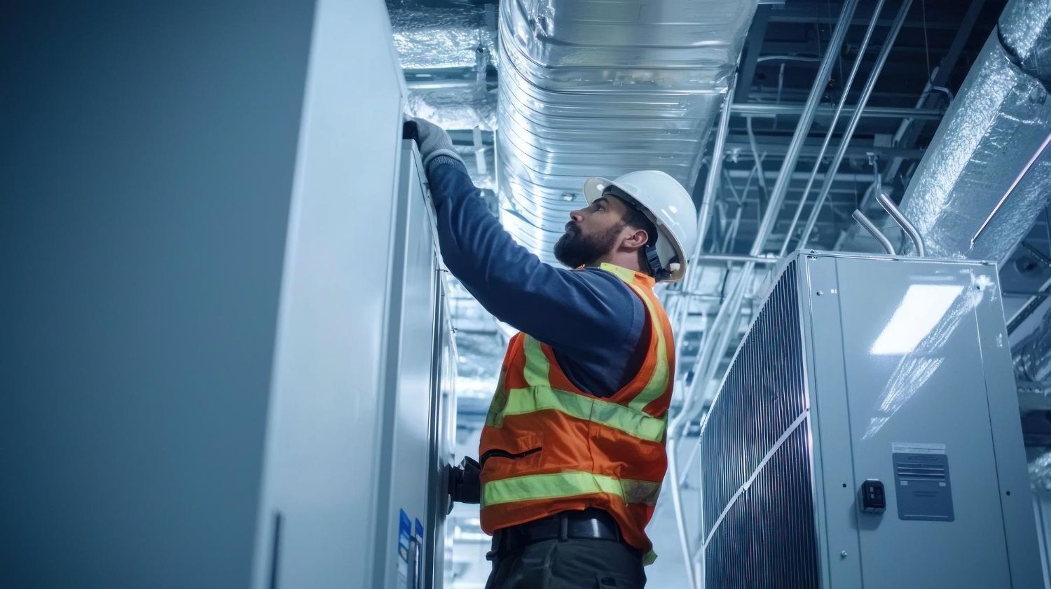 A man in a hard hat is working on a wall in a building.