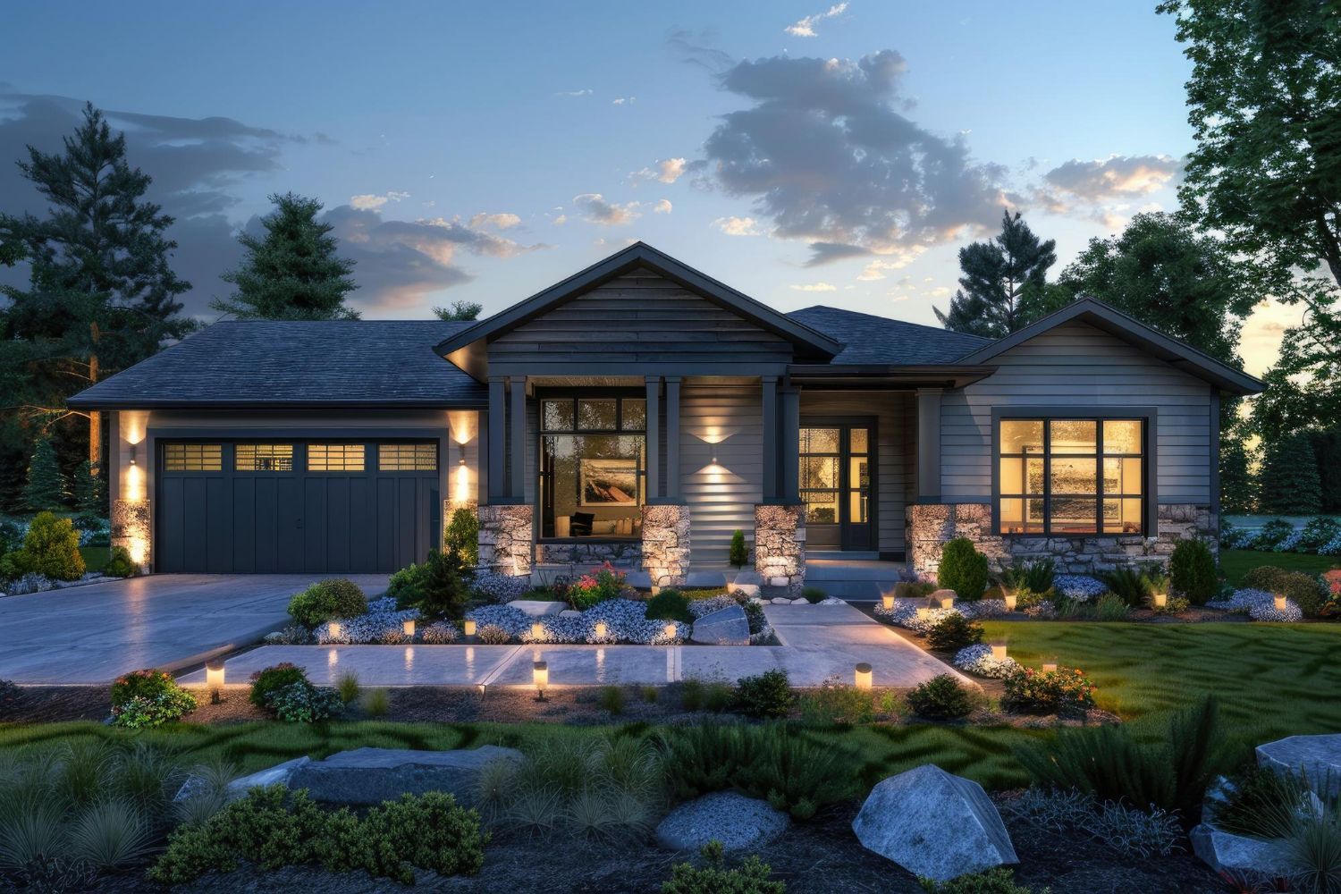 A large house with a garage and a driveway is lit up at night.