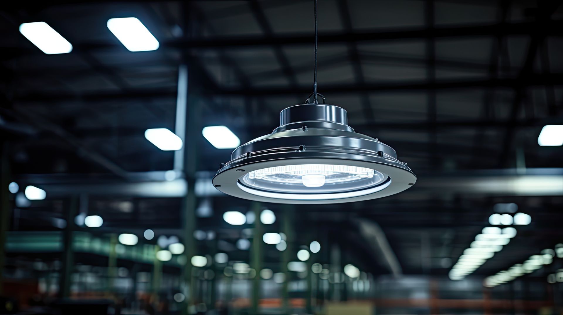 A ceiling light is hanging from the ceiling of a warehouse.