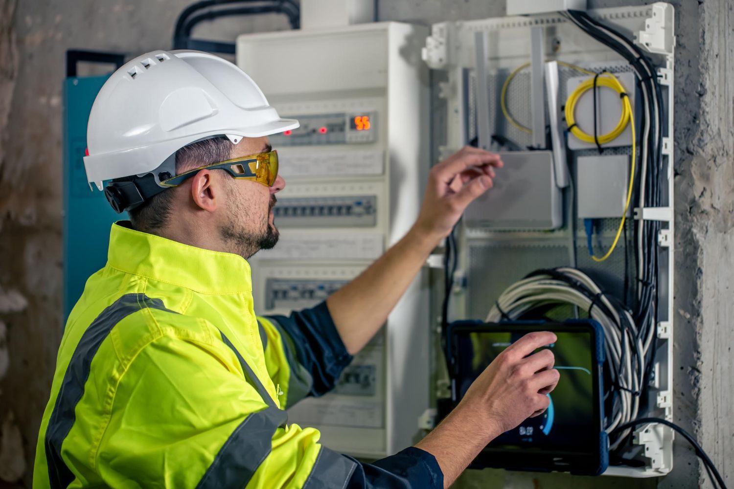 A man in a hard hat and safety vest is working on an electrical box.