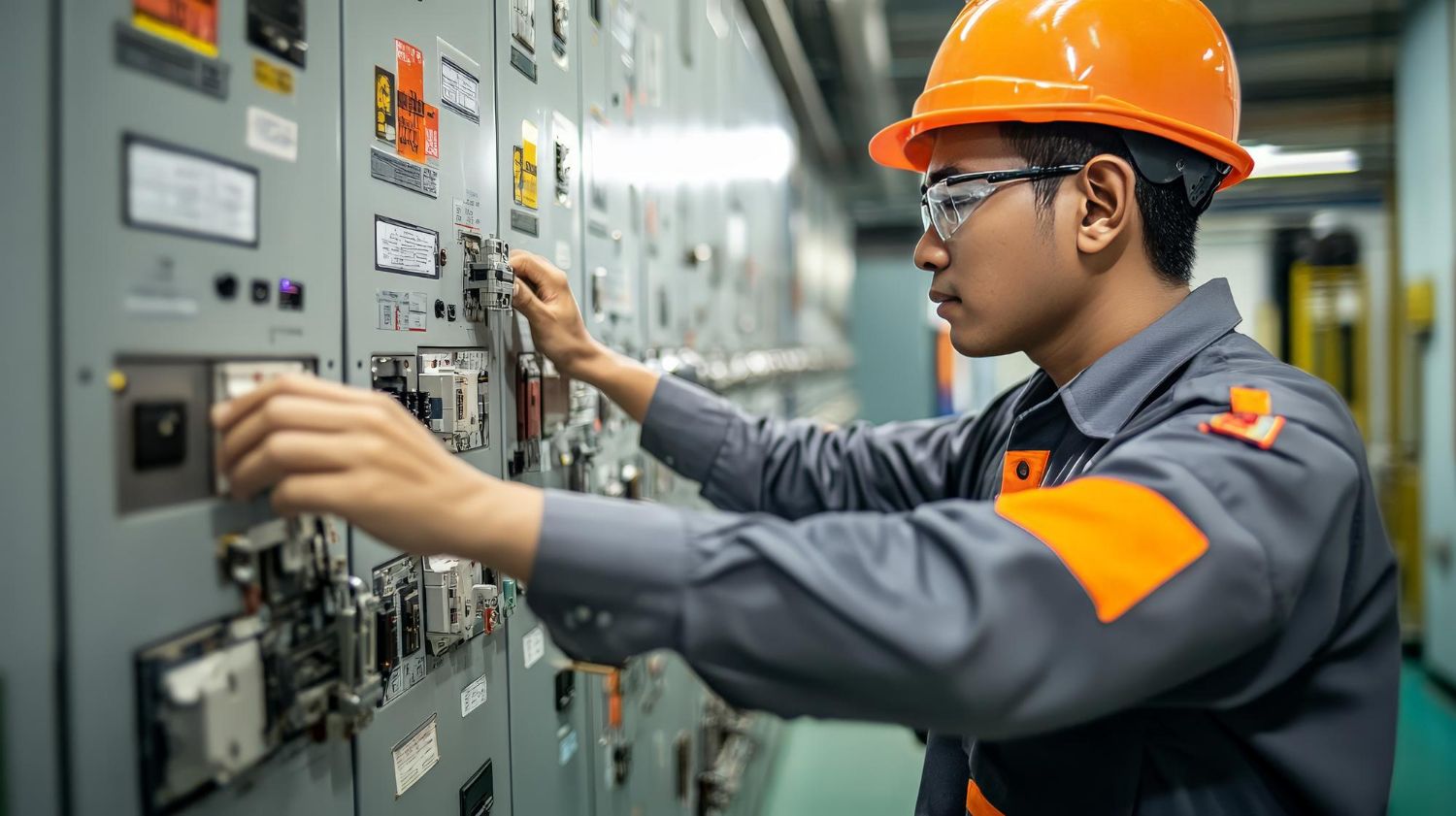 A man wearing a hard hat and safety glasses is working on an electrical panel.