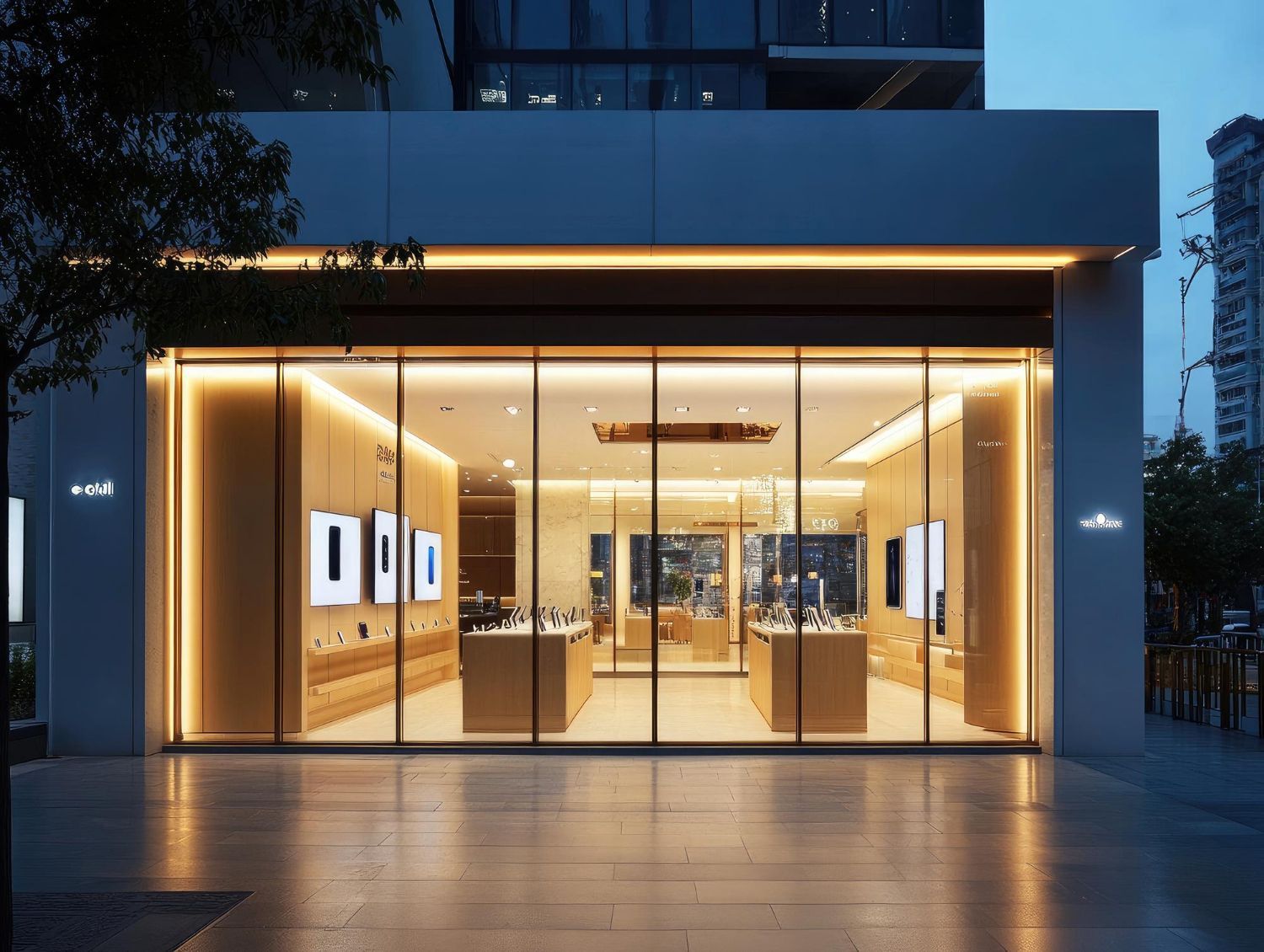A store front with a large glass window and tables in front of it.