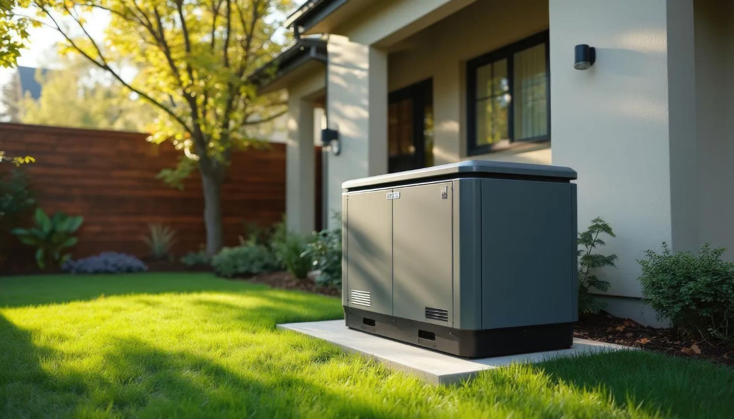 A generator is sitting in the grass in front of a house.