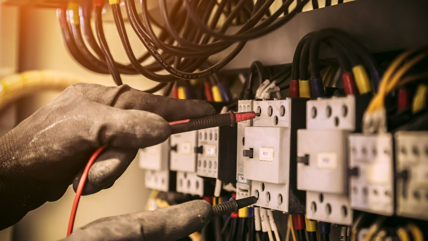 Gloved hands test electrical wiring in a control panel with multicolored wires and switches, indoors.
