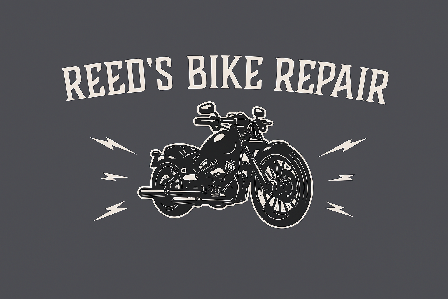 Reed's Bike Repair logo featuring a motorcycle, lightning bolts, and text on a gray background.