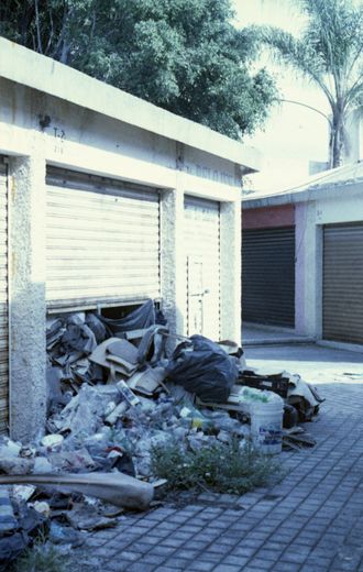 A pile of trash is sitting in front of a garage door.