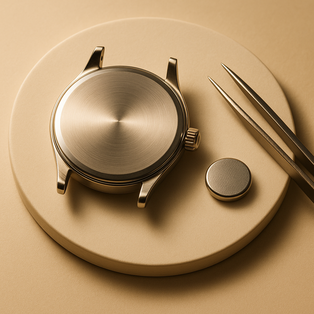 Illustrative image showing a wristwatch case beside a button battery and precision tweezers, representing Sole to Sole’s professional watch battery replacement service — where batteries are replaced with care and tested for accuracy.