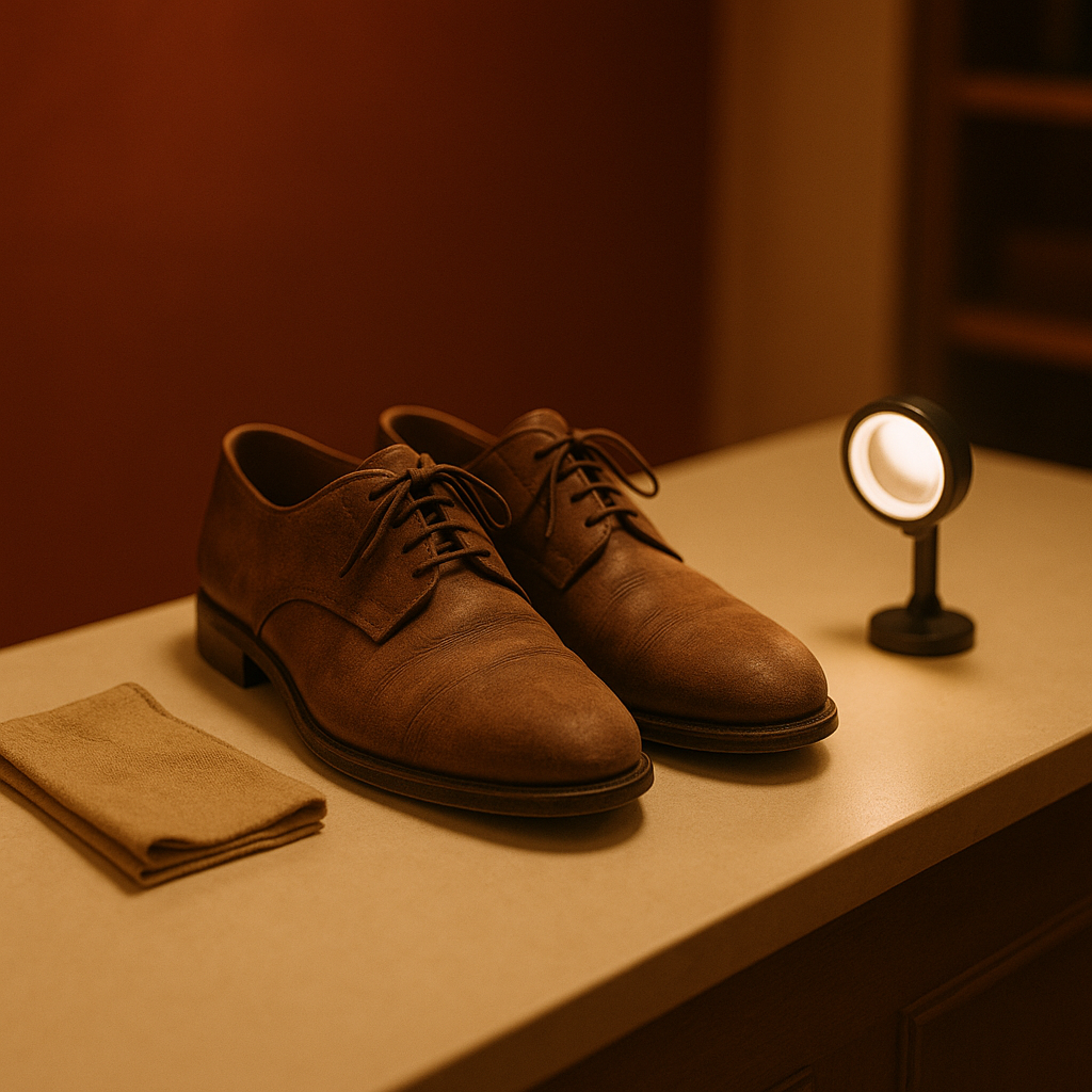 Highly realistic studio photo of a pair of worn brown leather shoes on a cream counter under soft boutique lighting, representing footwear brought in for professional cleaning and polishing at Sole to Sole. The image is conceptually created to illustrate the “Bring It In” step of the shoe care process.