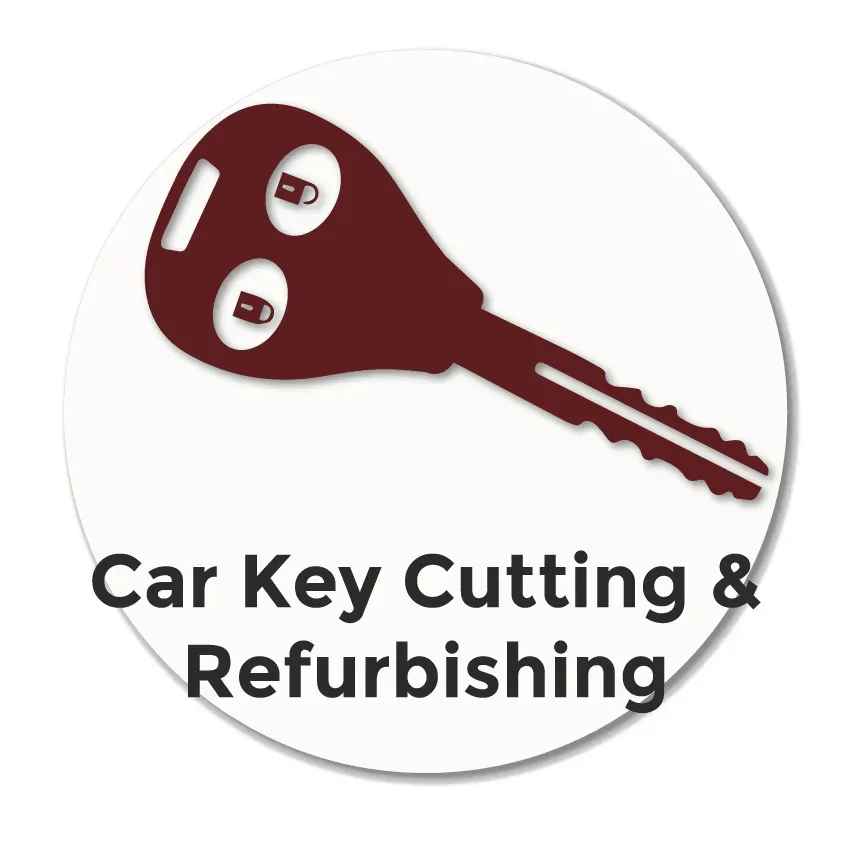 Icon showing a car key representing car key cutting, key refurbishing and battery replacement services in Stockport.