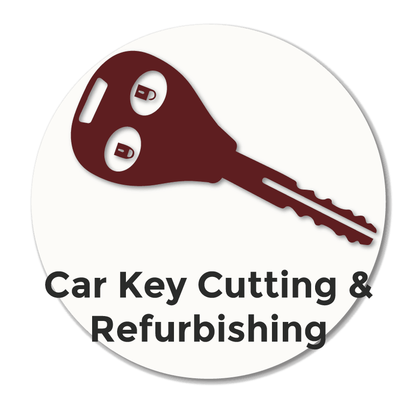 Icon showing a car key representing car key cutting, key refurbishing and battery replacement services in Stockport.