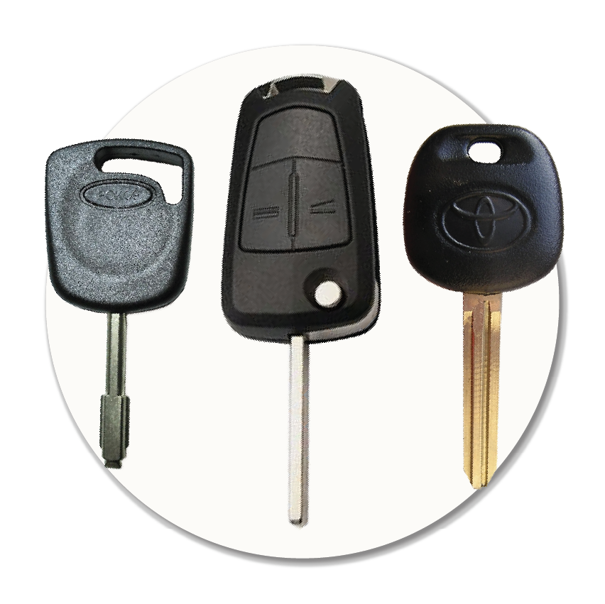Image showing Ford, Toyota and flip-style car keys representing professional car key cutting, ignition chip programming, key refurbishing and battery replacement services in Stockport.