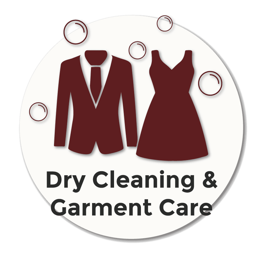 Icon showing a suit and dress with bubbles representing professional dry cleaning, garment care and alterations services in Stockport.