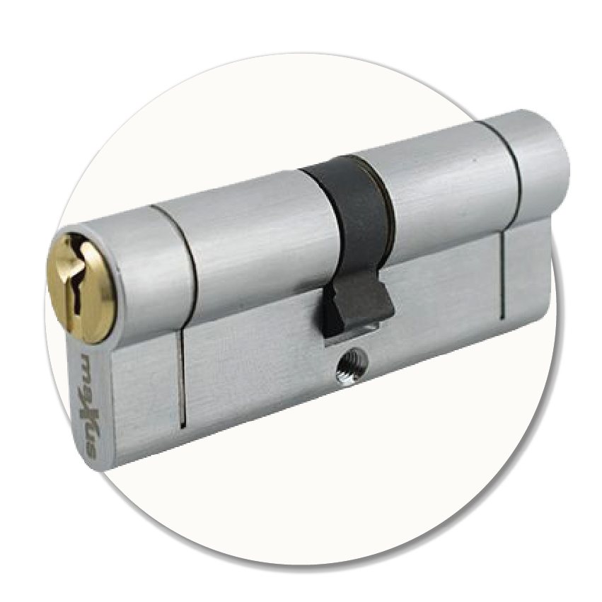 A close-up photo of a euro cylinder door lock, showing the profile and central cam, representing replacement lock cylinders available at Sole to Sole.