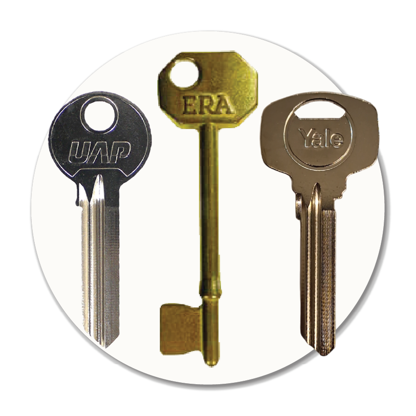 Image showing Yale, UAP and ERA house keys representing cylinder and mortice key cutting services in Stockport, cut while you wait.
