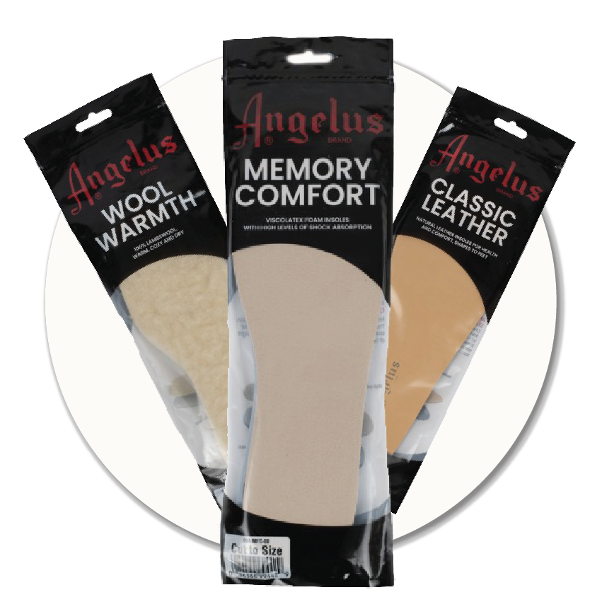 insoles in retail packaging — wool warmth, memory comfort, and classic leather — displayed together to show the insole options available at Sole to Sole.