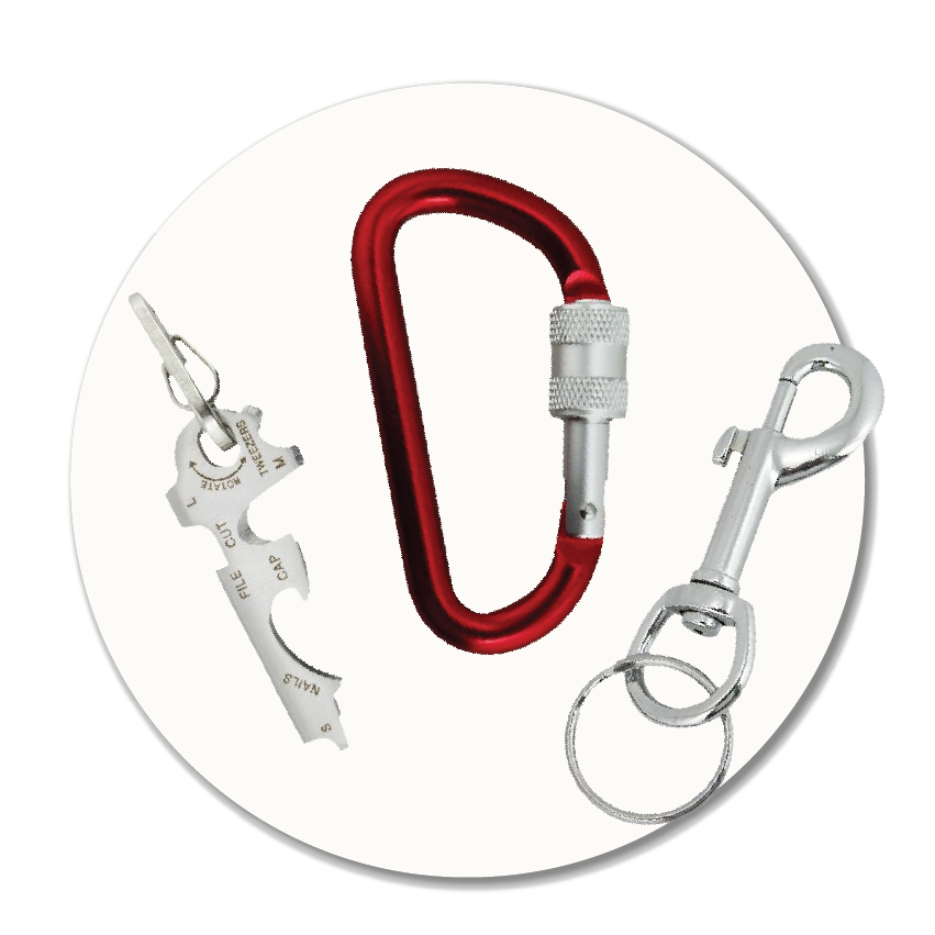 A photo showing a few examples of key rings and key-holding accessories, including a carabiner, a snap hook, and a small multi-tool key ring, representing the wide selection available at Sole to Sole.