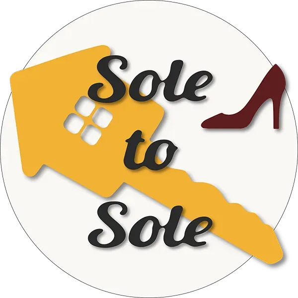 Sole to Sole logo showing a yellow key and a garnet stiletto heel inside a white circle, representing professional key cutting, shoe repair and dry cleaning services in Stockport.