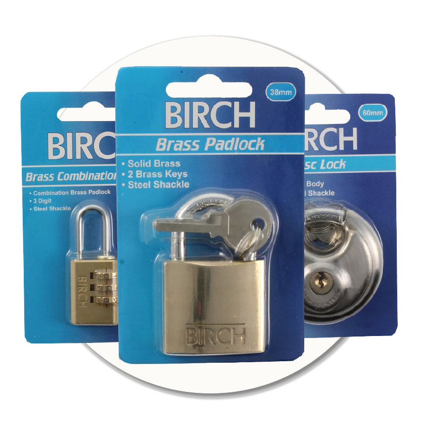 Assorted padlocks in retail packaging, including brass and disc-style options, shown as part of the security products available at Sole to Sole.