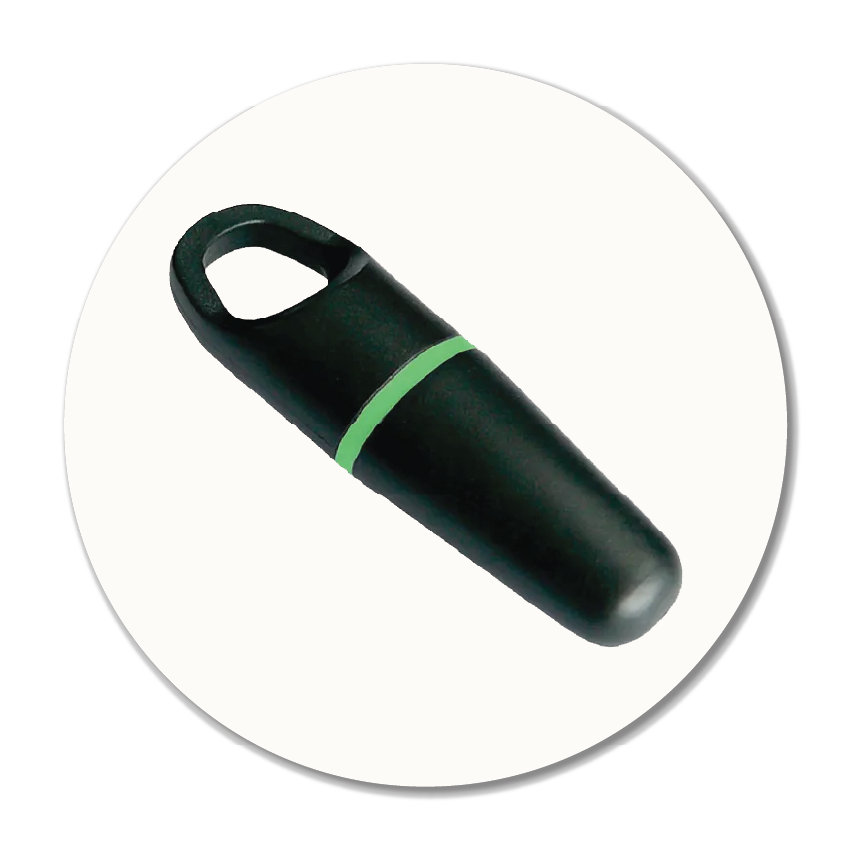 Black Paxton/GDX-style cylinder RFID fob with a green band on a white circular background — Sole to Sole can copy Paxton, GDX and many other branded access fobs while you wait.
