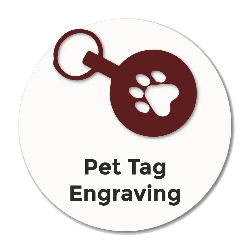 Icon showing a round pet tag with a paw print, representing professional pet tag engraving and custom ID tag services in Stockport.