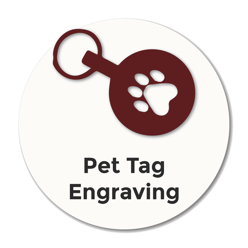 Icon showing a round pet tag with a paw print, representing professional pet tag engraving and custom ID tag services in Stockport.