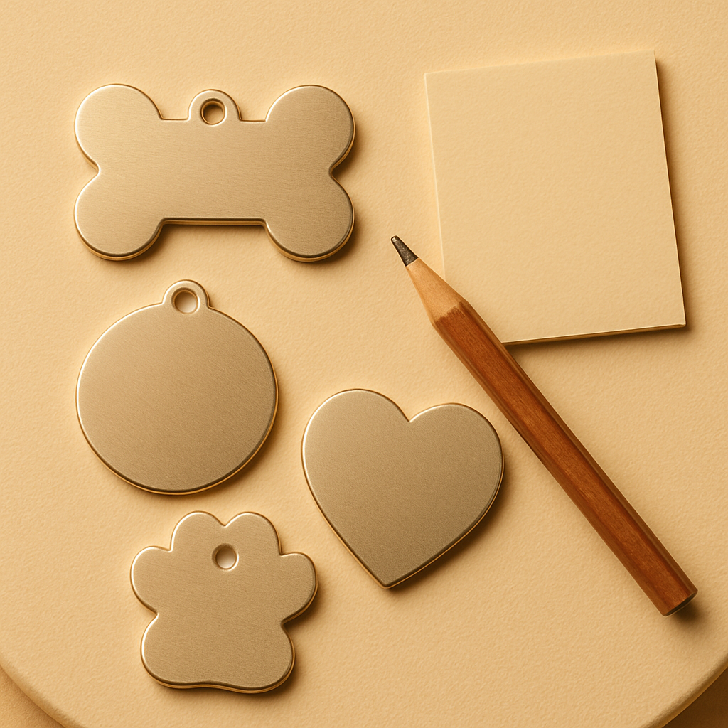 Studio-style illustrative image showing a blank round pet tag held in a small engraver’s clamp while a hand engraving tool etches the surface — representing Sole to Sole’s hand engraving process where each tag is crafted individually with care and precision.