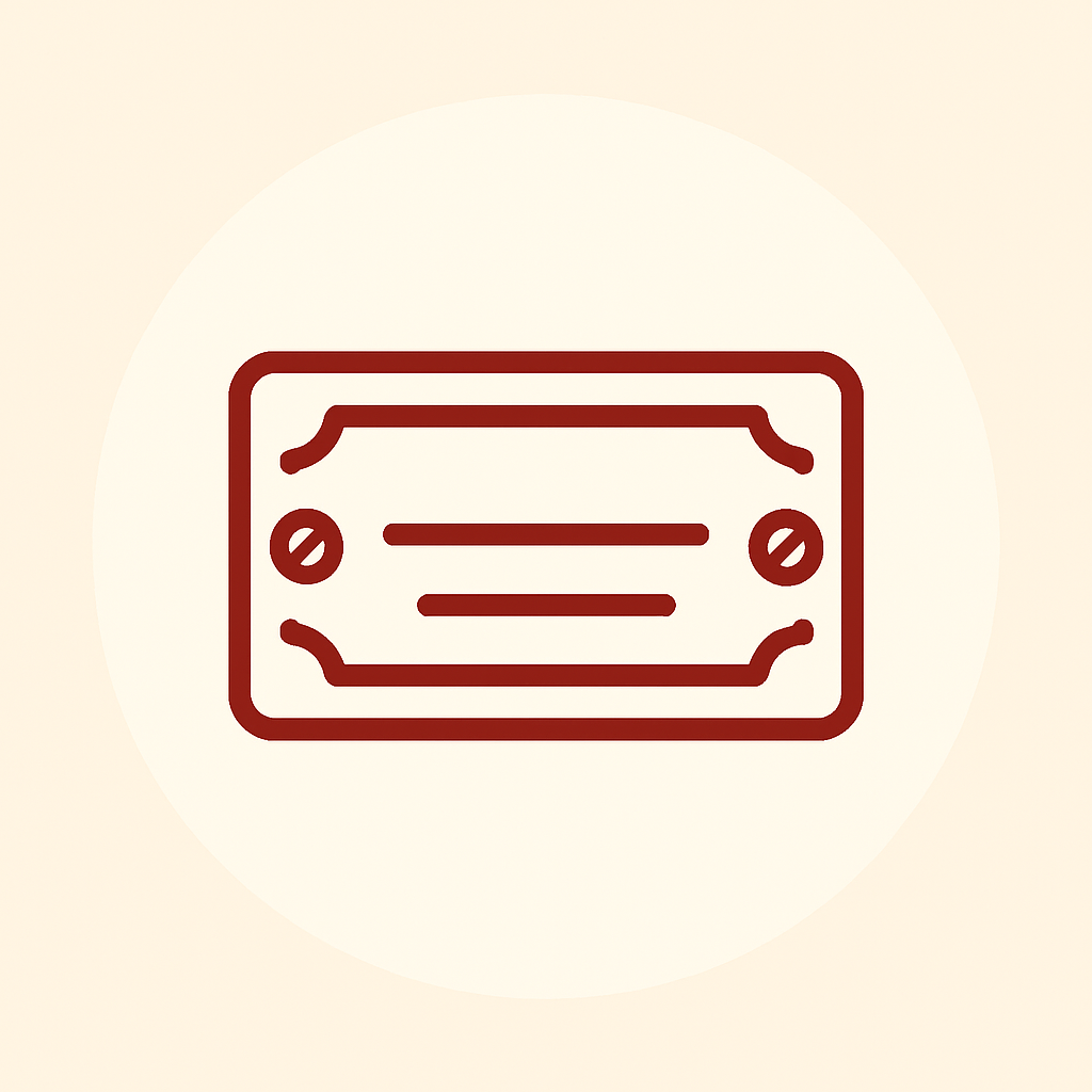 Minimal line illustration of a rectangular nameplate plaque icon with screw details, drawn in garnet red on a cream circular background.