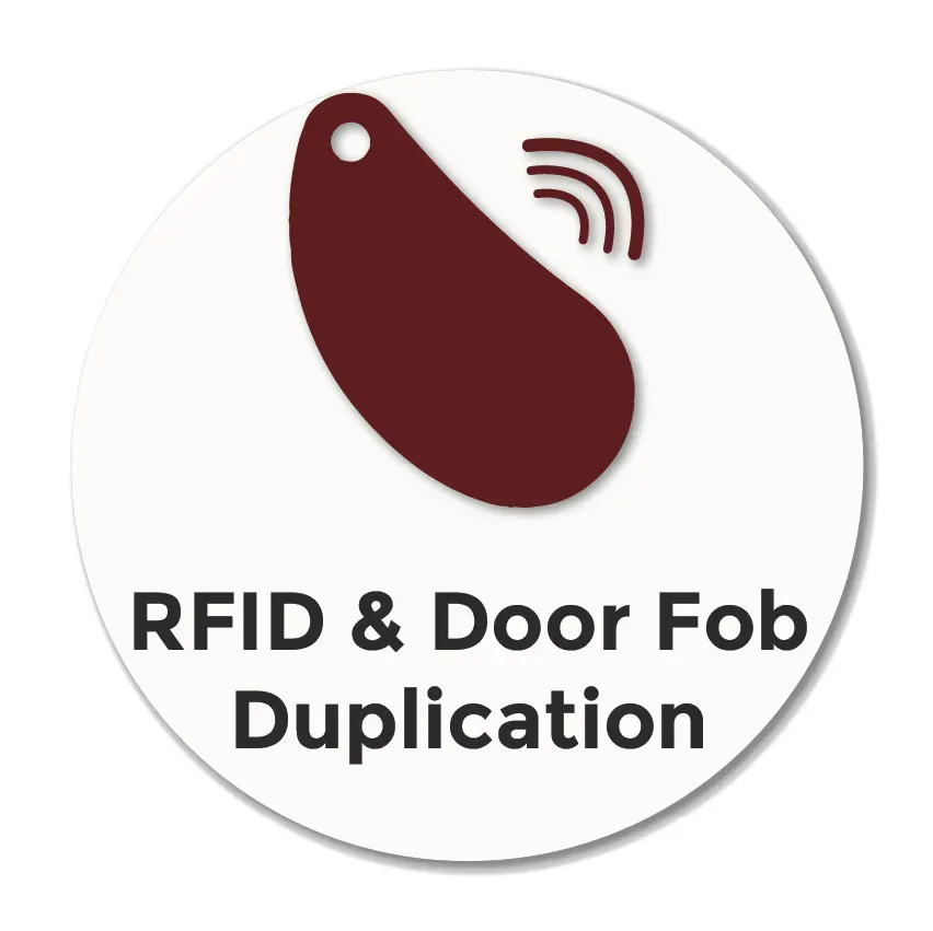 Icon of an RFID key fob representing RFID cloning and door fob duplication services for electronically accessed doors, alarm systems and roller shutters in Stockport.