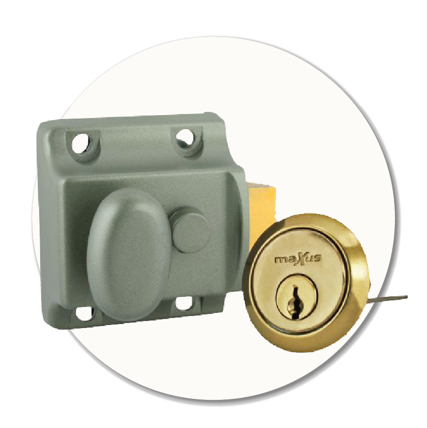 A photo of a rim cylinder and nightlatch set, showing the internal latch body and the external key cylinder, representing replacement front-door lock hardware available at Sole to Sole.